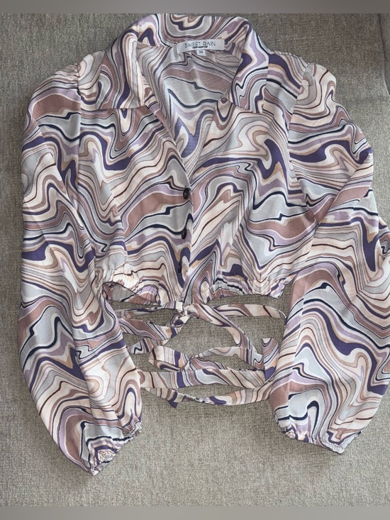 Sweet Rain Tops - Sweet Rain Retro Swirl Tie Front Crop Top | Y2K 70s Psychedelic Blouse XS